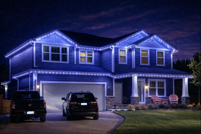 Blue lighting along a residential roofline