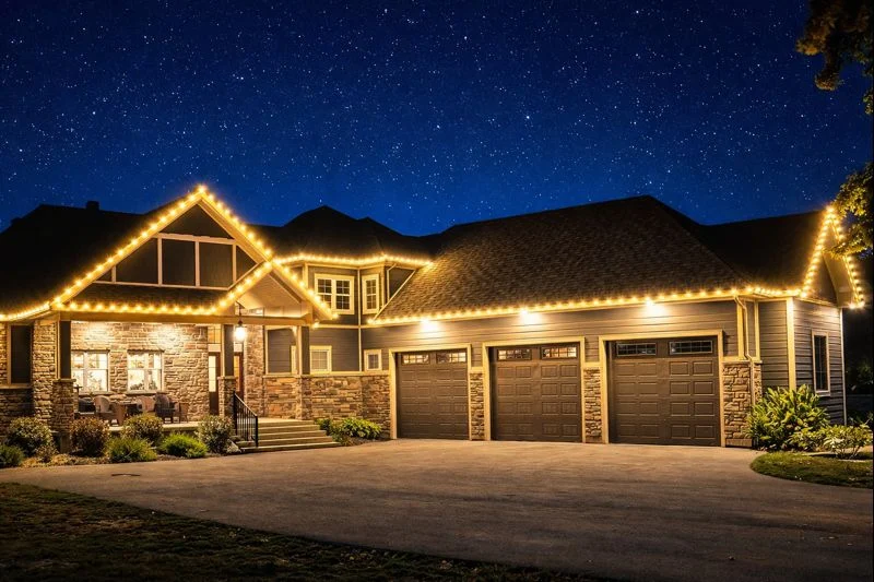 A home with warm lighting along its roofline