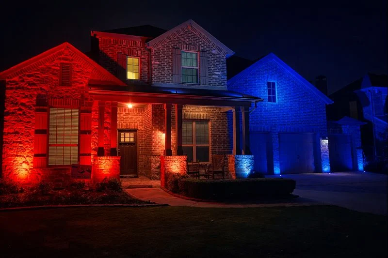 A home illuminated with red and blue lighting