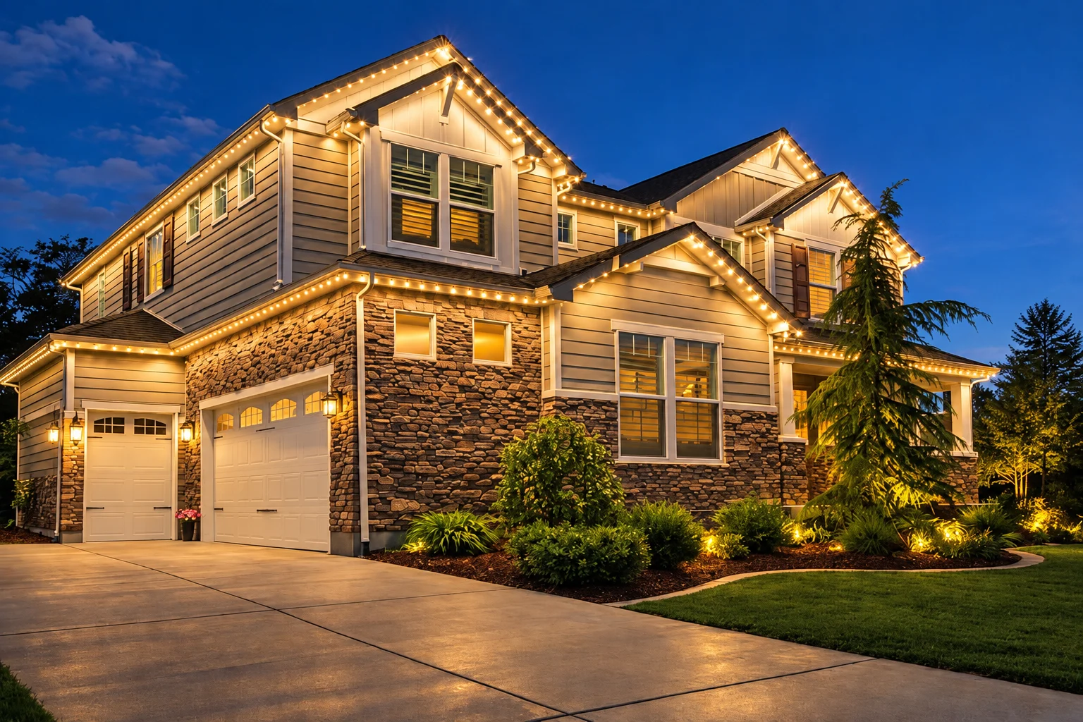 A home outlined in warm architectural lighting at night