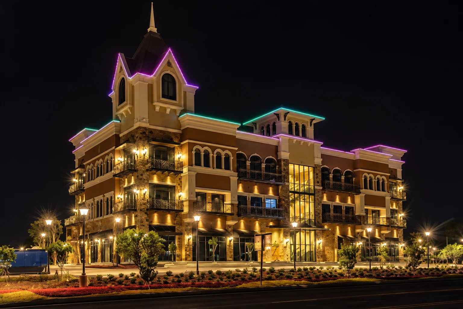 An architectural lighting example on a civic-style building