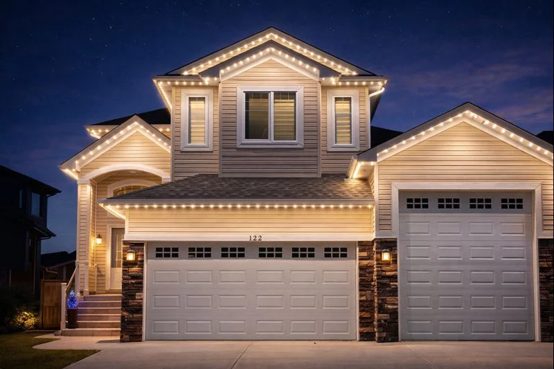 White permanent lighting outlining a home's roofline